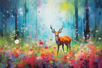 自然の中の鹿と森の木々、明るい色、キャンバスアートプリント 作： F. Abderrahim