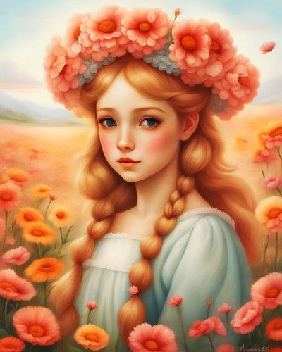 美しい風景の中で花で飾られた少女、カスタムウォールアートプリント 作： F. Abderrahim