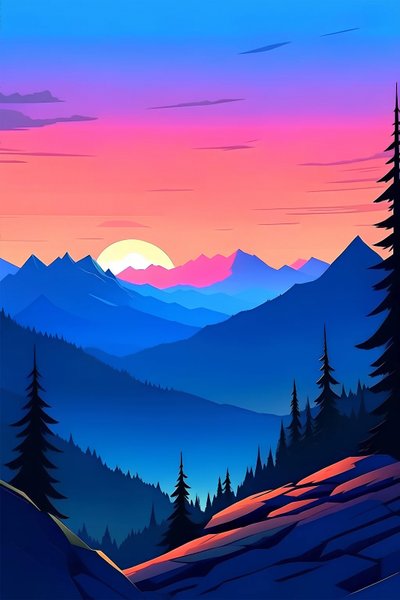 夕日と山頂の風景、青と紫の縦長キャンバス 作： F. Abderrahim
