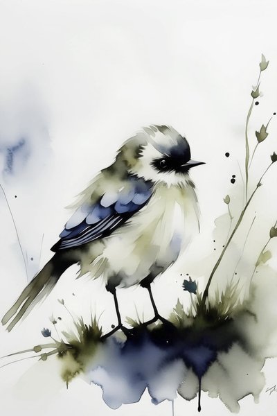 水彩画の孤独な鳥、壁の装飾、屋内アートプリント 作： F. Abderrahim