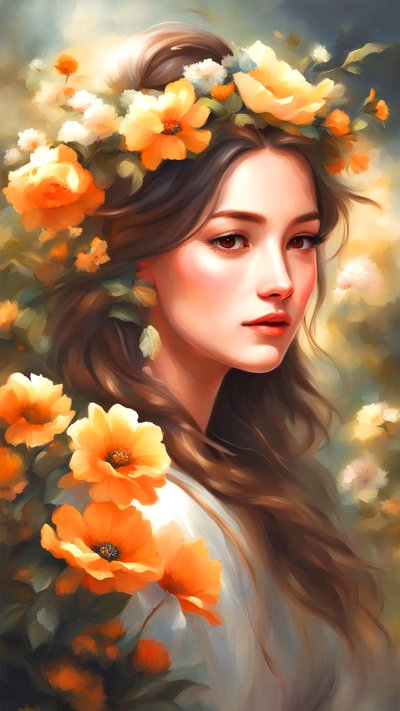 美しい風景の中で花で飾られた女性、ウォールアートプリント 作： F. Abderrahim