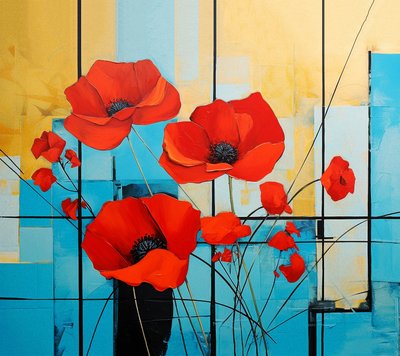 抽象的なモンドリアン、ポピーの花の絵、ウォールアート｜キャンバスプリント 作： F. Abderrahim