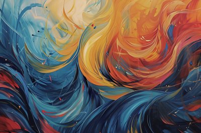 オレンジ、ブルー、イエローの波の抽象画の構図、アートプリント 作： F. Abderrahim