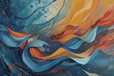 青、オレンジ、黄色の波の抽象画、アクリル、キャンバス 作： F. Abderrahim