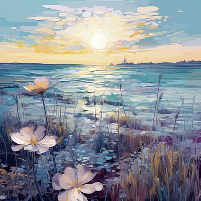 青い湖の抽象的な紫色の花、注文の壁の芸術の版画、寝室の装飾 作： F. Abderrahim