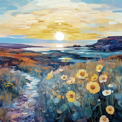 抽象的な紫色の花日の出の風景画、ウォールアート プリント 作： F. Abderrahim