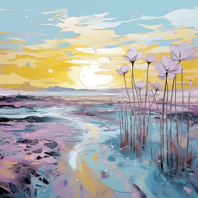 夕焼けの風景の抽象的な紫色の花、注文の壁の芸術の版画 作： F. Abderrahim