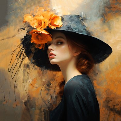 抽象的な美しい女性の絵は、花の帽子をかぶる、キャンバスアートプリント 作： F. Abderrahim