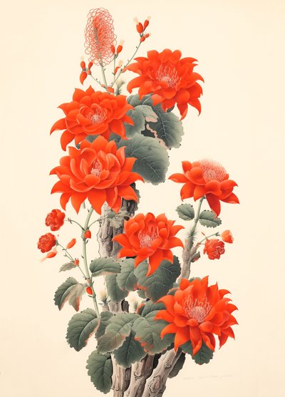 花と抽象的なサボテン、日本の木版画、額入り壁掛けアートプリント 作： F. Abderrahim
