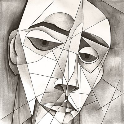 メランコリックな顔の肖像を描いた抽象的でプリミティブな鉛筆画 作： F. Abderrahim