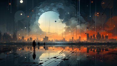 抽象的な夕焼けのシーン、地平線のストレッチ、額装された壁のアートプリント 作： F. Abderrahim