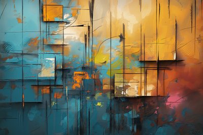 キャンバスにアクリル画, ブルー, オレンジ＆イエロー, 寝室の壁飾り 作： F. Abderrahim