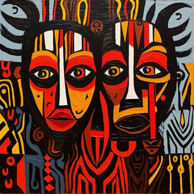 アフリカの部族の顔、ピカソスタイルの絵画、キャンバスの壁 アートプリント 作： F. Abderrahim