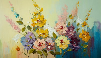 花瓶に生けられたアンティークの花、キャンバスに描かれた抽象的な花、ウォールアートプリント 作： F. Abderrahim
