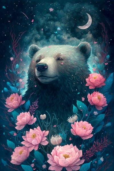 花に囲まれた幻想的な夢の中のクマ、額入りポスタープリント 作： F. Abderrahim