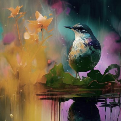 キャンバスに描かれた美しい鳥の絵、クロード・モネのスタイル 販売 作： F. Abderrahim