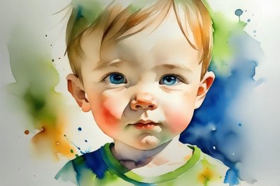 美しい赤ちゃんの肖像画、キャンバスに水彩画、壁の寝室の装飾、生き生きとした色 作： F. Abderrahim