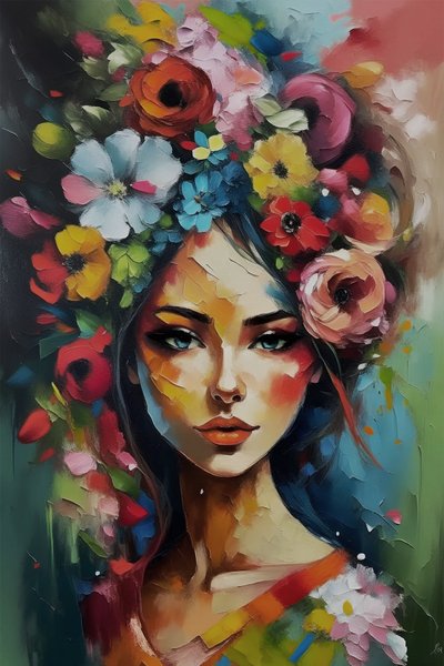 キャンバスの花に囲まれた美しい少女、花の壁掛けアートプリント 作： F. Abderrahim