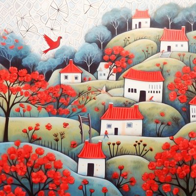 赤と紫の風景の中の美しい家々、シュールな絵画、キャンバスプリント 作： F. Abderrahim