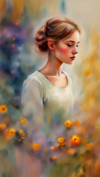 キャンバスに描かれた美しい若い女性の肖像画と花、鮮やかな色彩の壁掛けアートプリント 作： F. Abderrahim