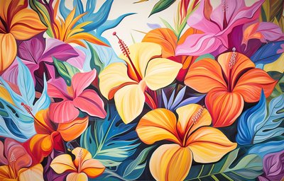 色鮮やかなハイビスカスの花束、花の絵、アートプリント 作： F. Abderrahim