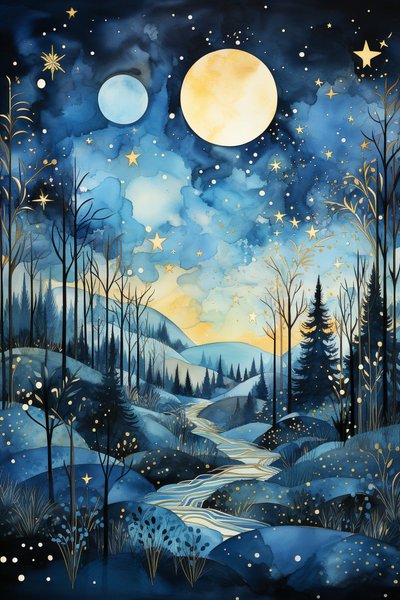 天のささやき：青い夜空の抽象的な水彩画 作： F. Abderrahim