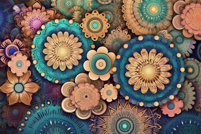 カラフルな曼荼羅の花、鮮やかな美しさの庭、ウォールアートプリント 作： F. Abderrahim