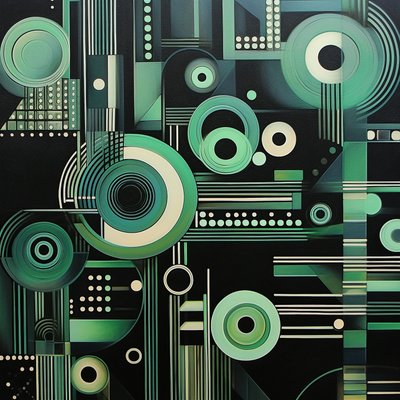暗い黒の背景に複雑な幾何学模様の絵画、ファインアート プリント 作： F. Abderrahim