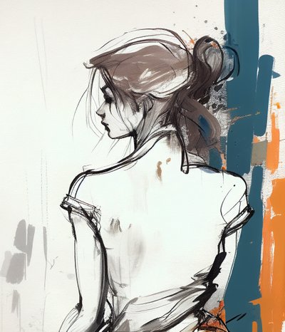 後ろから女の子を描く、ミニマルな線で描く、ウォールアートプリント 作： F. Abderrahim