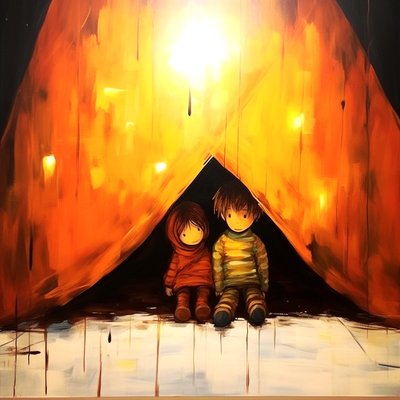 無邪気な2人の子供のドローイング、シュールなウォールアート｜キャンバスプリント 作： F. Abderrahim