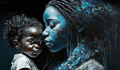 アフリカの母親と子供の情緒的な肖像, キャンバス プリント 作： F. Abderrahim