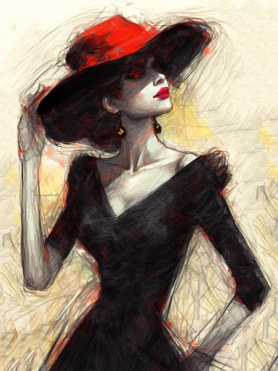 赤い帽子をかぶったファッションの女性、抽象画、モダンな壁掛けアートプリント 作： F. Abderrahim
