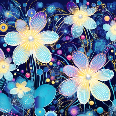 草間彌生スタイル、青い花のモチーフ、ファインアート・プリント・オンライン 作： F. Abderrahim