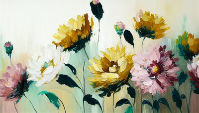 横長のキャンバスに描かれた花柄の静物画。 作： F. Abderrahim