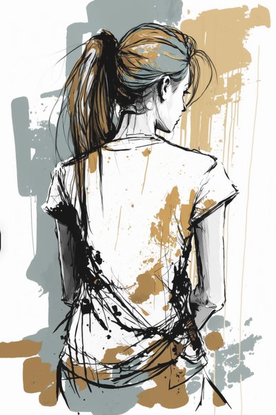 後ろから描かれた女の子、ミニマリストの混沌とした線のスケッチ、ウォールアートプリント 作： F. Abderrahim