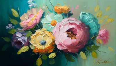 キャンバスに描かれた横長の抽象的な花の静物画 壁掛けアートプリント 作： F. Abderrahim