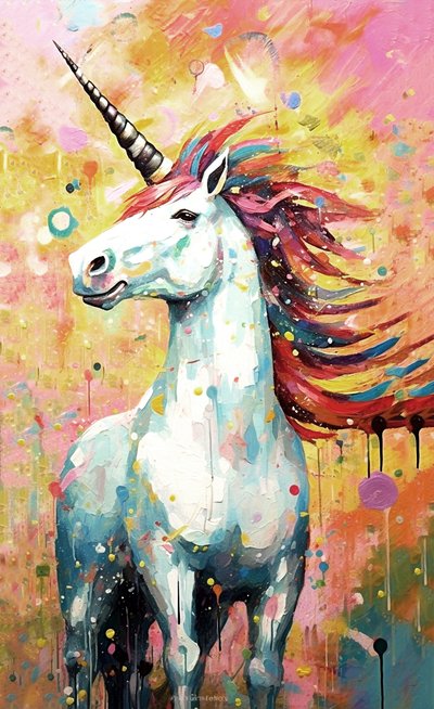 角のある馬の絵、壁の装飾のための神話上の生き物、アートプリント 作： F. Abderrahim