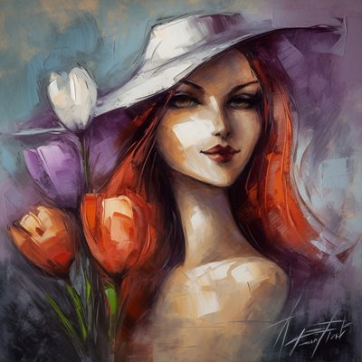 印象派の少女の肖像画とクロッカスの花、アクリルの花のキャンバス画 作： F. Abderrahim