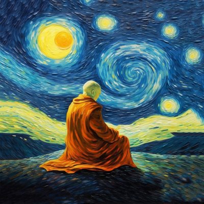瞑想する男、ヴァン・ゴッホの絵画スタイル、ヨガのポーズプリント、ウォールアートプリント 作： F. Abderrahim