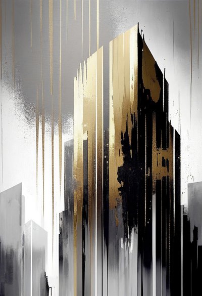 ミニマル建築抽象ビル、グレーとゴールドのペインティング オンデマンド プリント 作： F. Abderrahim
