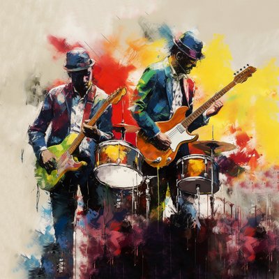 ギターを弾くロック＆ジャズ・ミュージシャン・バンド, ブラシ画, 壁掛けアート版画 作： F. Abderrahim