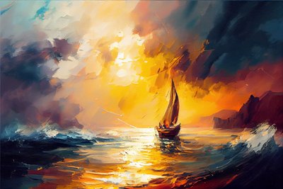 海でヨット、キャンバスに海景日の出の絵、壁アートプリント 作： F. Abderrahim