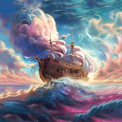 抽象的な雲を航行する船、超現実的な空、ウォールアート｜キャンバスプリント 作： F. Abderrahim
