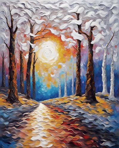 森を抜ける夕日、風景画キャンバスプリント、鮮やかな色彩の絵画 作： F. Abderrahim
