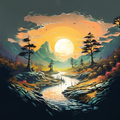 ファンタジー 山 日没 風景 自然 デジタルドローイング , 壁掛けアート|キャンバスプリント 作： F. Abderrahim