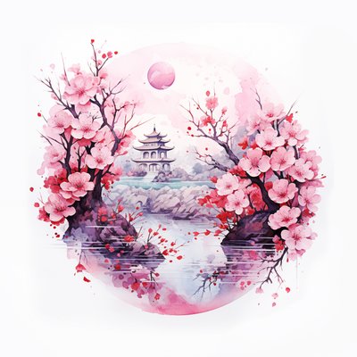 日本の伝統的な家庭の庭、フルール、壁掛けアートプリント 作： F. Abderrahim