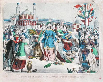 1878年の万国博覧会で世界の人々を迎え入れるフランス（カラーリトグラフ） 作： F. C. Wentzel