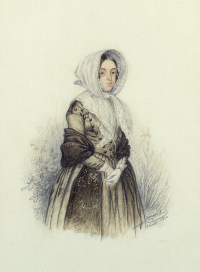 白い手袋をしたボンネットの若い女性の肖像、1840年（トイレと紙に鉛筆） 作： F. Camaret