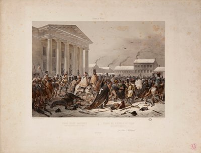 ビクターアダム（1801-66）とルイピエールアルフォンスビシェボワ（1801-50）1812によって刻まれたヴィルナの市庁舎広場でのフランス軍の後退 作： F. Daniel
