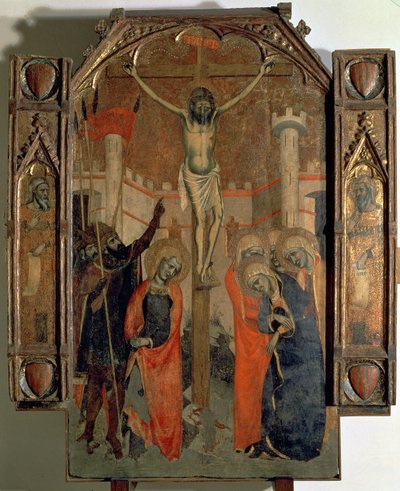 磔刑、アルムダイナの大祭壇画の中央パネルの上部、1358 年に完成 (パネル上のテンペラ) 作： F. Bassa and R. Destorrents